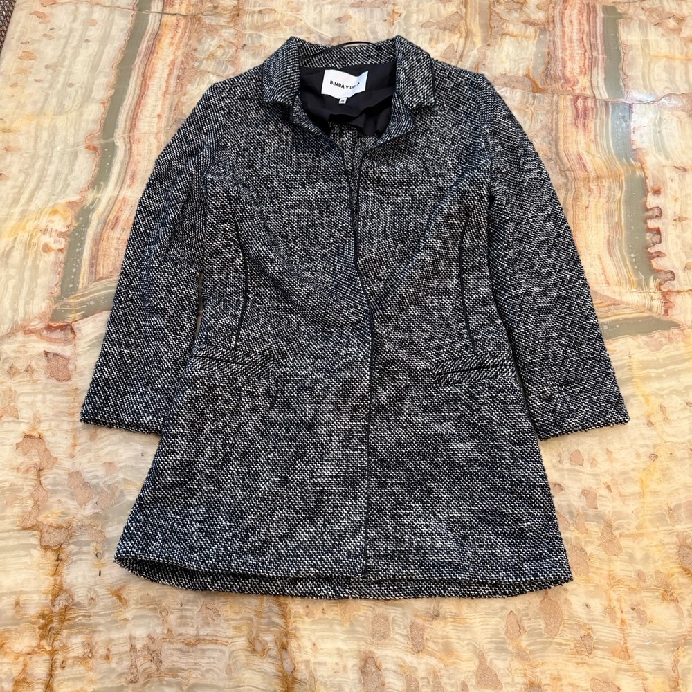 Bimba Y Lola Womens Tweed Jacket Coat Black Long Sleeve Collared Lined Size 36